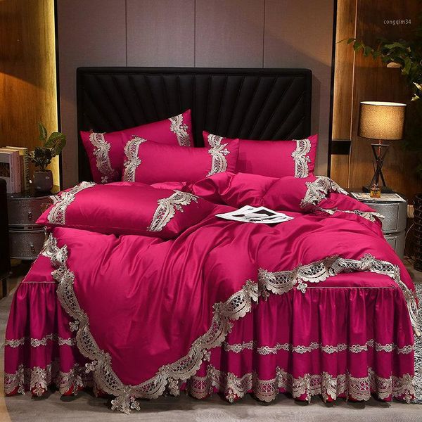 

europe satin 100% cotton bedding set luxury lace  king size 4pcs comforter cover set pillow cases fitted sheet bedclothes1