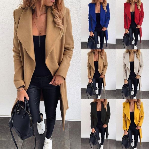 

coat autumn and winter women's solid color lapel long straps woolen coat windbreaker cardigan puffer jacket korean#a31, Tan;black
