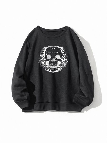 

skull & floral print thermal pullover h5cv#, White;black