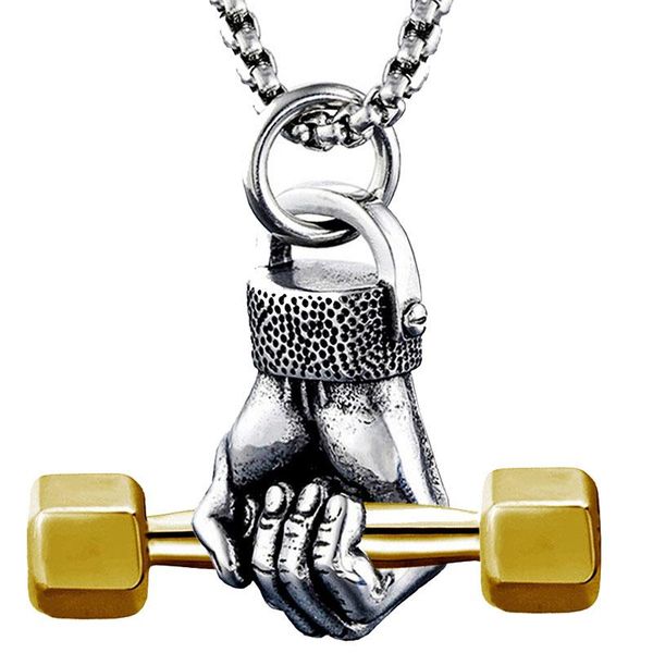 

pendant necklaces hip hop necklace long chain retro fist dumbbell stainless steel sports jewelry, Silver