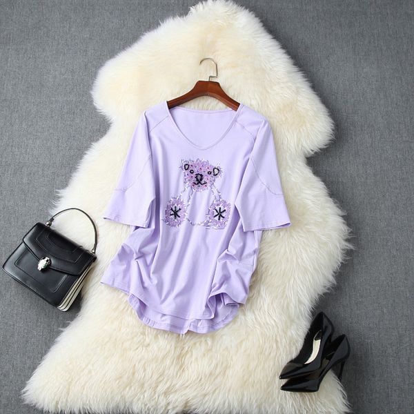 

3xwxj sleeve summer women's new heavy t-shirt bear nail t-shirt beads peach heart collar mid 2020 loose oversized industry t11090 gddzw, White