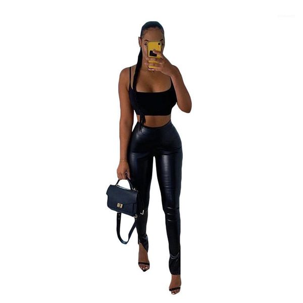 

fashion slim split panelled womens pu pencil pants casual females clothing solid color womens designer pu pants, Black;white