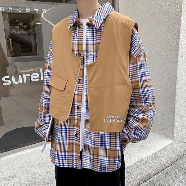 

2020 spring and autumn new youth popular plaid jacket plus vest two-piece fashion casual loose black / khaki s-2xl1, Black;brown