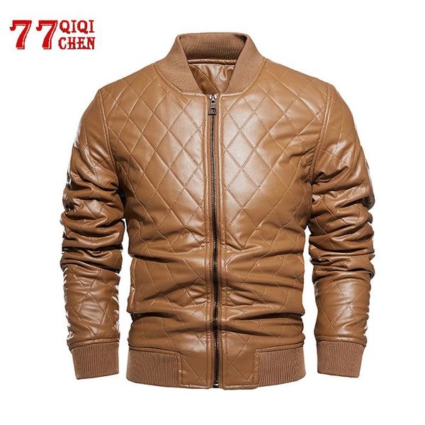 

pu leather jacket men winter fleece tactical casual rhombus leahter jacket male stand collar windbreaker chaqueta hombre, Black