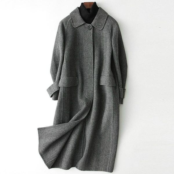 

women's wool & blends 2021 coat women korean fashion double-sided jacket long autumn winter ladies woolen coats outerwear z1154, Black