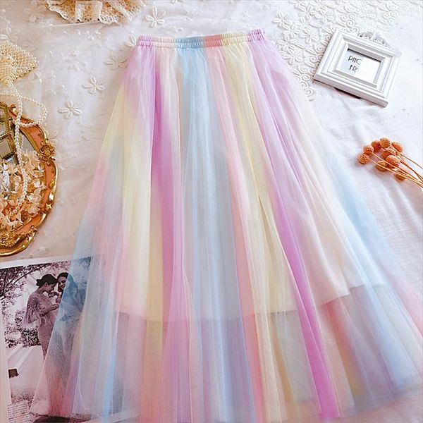 

romantic women rainbow mesh skirts sweet girls colorful pink blue skirts woman striped tulle skirt drop shipping, Black