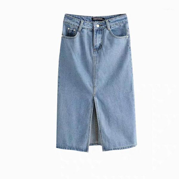 

2020 vintage blue denim skirt with women high waist split mid calf length skirts1, Black