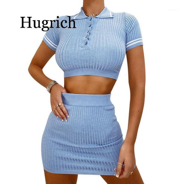 

party two piece set 2020 summer blue knit crop v neck short sleeve and mini bodycon skirt casual women outfit sexy1, Gray