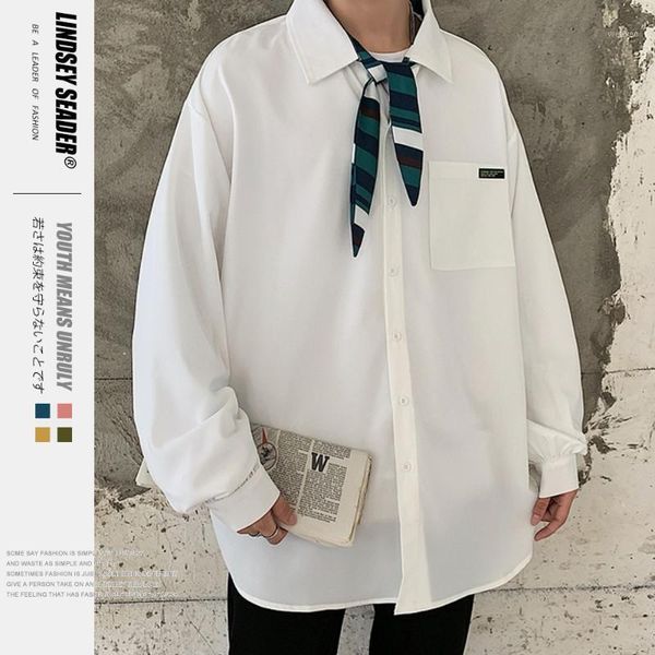 

lindsey seader white black solid with small tie long sleeve shirts streetwear mens dress hiphop casual holiday shirt fashion1