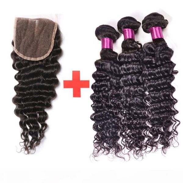 

7a peruvian virgin hair with closure deep wave 4 bundles human hair weave with lace closure knot are bleached peruvian deep wave, Black
