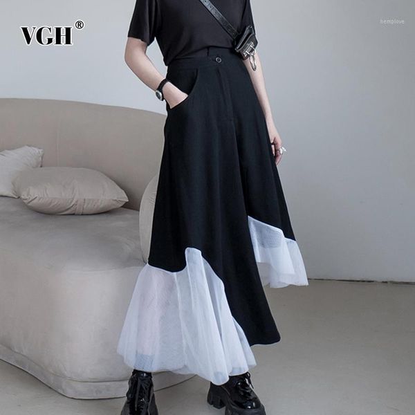 

vgh elegant irregular women skirt high waist patchwork mesh asymmetrical ruched hit color skirts for female fashion clothing new1, Black