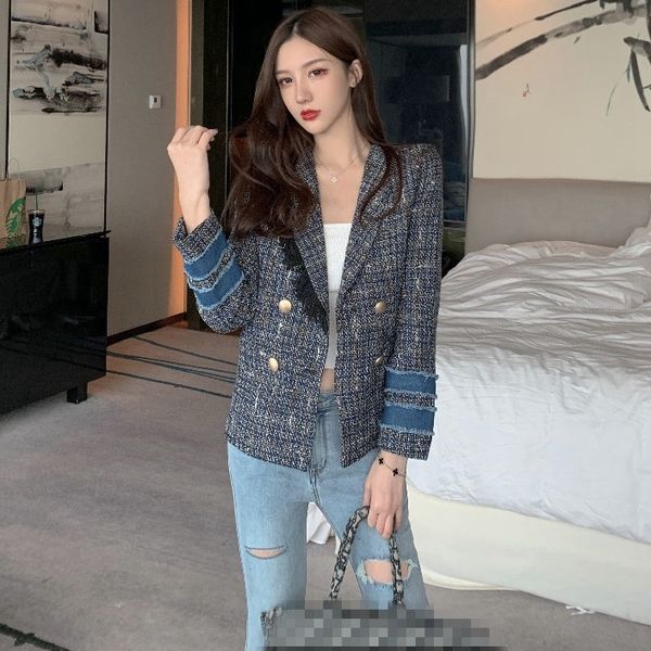 

autumn 2020 new korean splicing long sleeve plaid suit collar slim double breasted cardigan jacket for women
