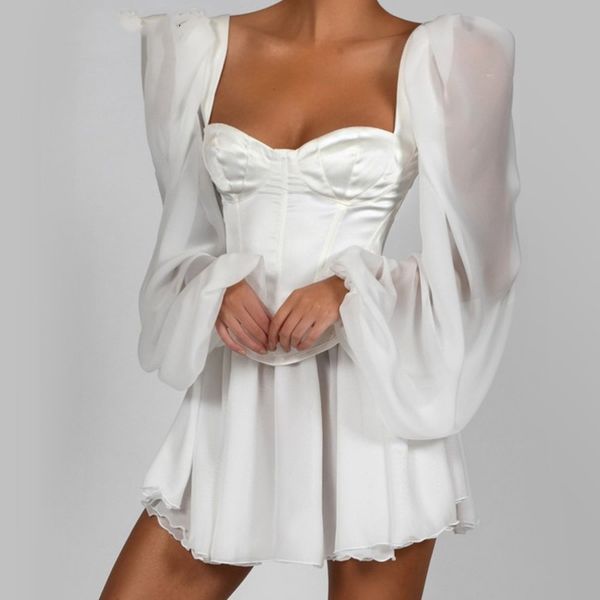 

new 2020 female feast satin square neck white corset long lantern temperament all-match dress of fine line 7f53, Black;gray