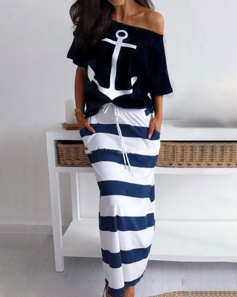 

egeji navy style t-shirt anchor printed printed short-sleeved set navy style skirt anchor t-shirt and casual and short-sleeved casual skirt, Gray