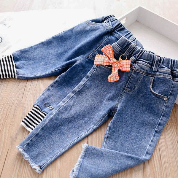 

2020 autumn baby girls plaid bow denim pants children's clothing wholesale, Blue
