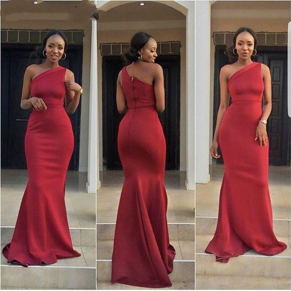 

dark red satin prom dresses one shoulder mermaid long african black girl evening dress formal party gowns vestidos custom, Black;red