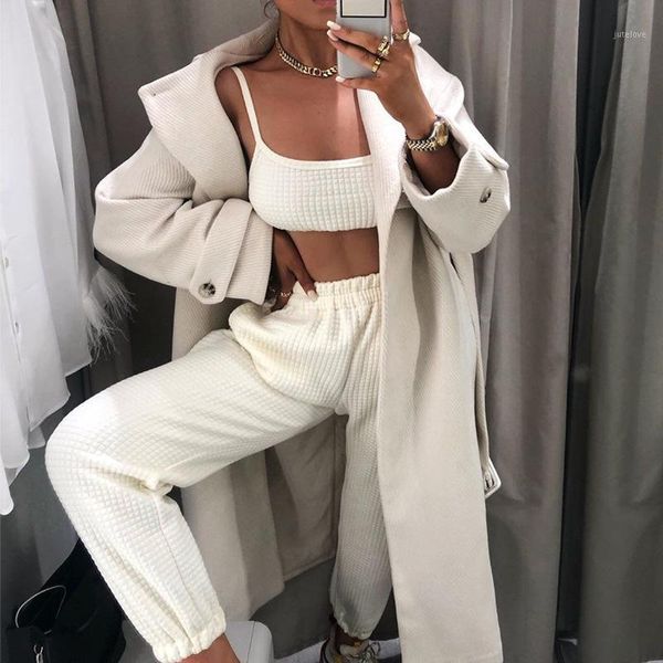 

2019 autumn women splice fashion new grid two piece set sling sleeveless short vest and loose long pants ladies casual suit1, White