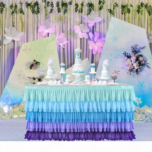 

5 layer violet blue splicing chiffon tulle table skirts tableware birthday party decorations banquet wedding home party supplies