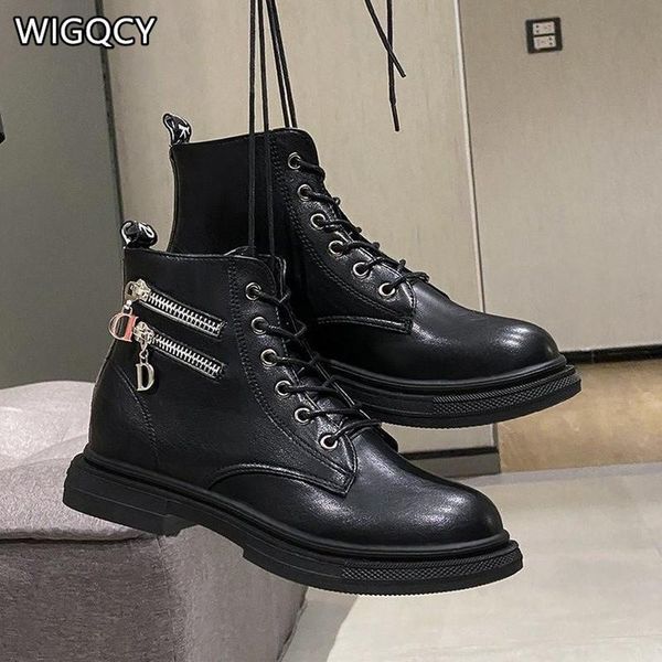 

boots autumn winter fashion women's pu solid color lace-up double zipper increased flat bottom round toe w322, Black