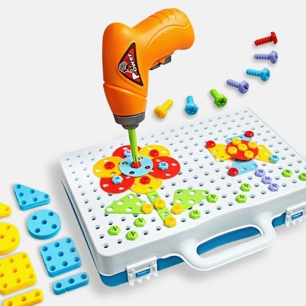 Kinderen Speelgoed Boor Puzzel Educatief Speelgoed DIY Schroef Groep Speelgoed KidsTool Kit Plastic Jongen Jigsaw Mozaïek Ontwerp Gebouw Speelgoed LJ201007