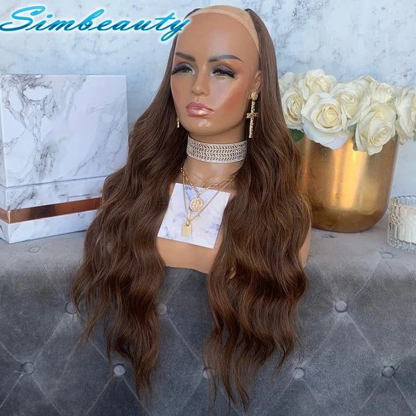 

chestnut brown hair color full machine made half wigs body wave u part indian remy human hair glueless non lace 250 density 30inches 100% un, Black