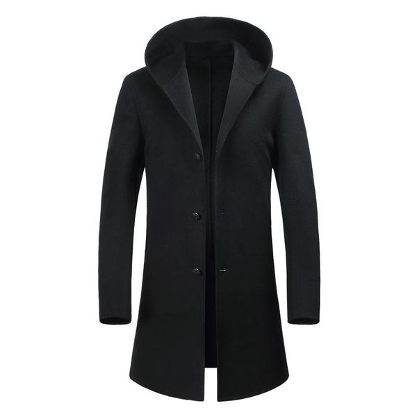 

men's wool & blends winter man fertilizer plus-size woolen cloth male obese in long business casual double hooded windbreaker, Black