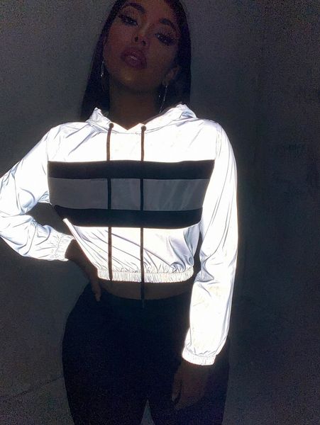 

reflective striped print drawstring crop hoodie q4pz#, White;black