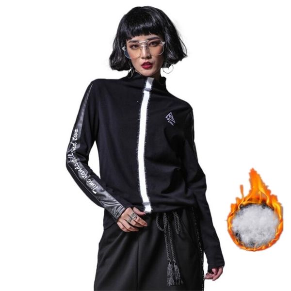 

high-quality autumn winter white stripes new fashion women pu slim t-shirt casual long sleeve leather turtlenecks tee shirt 201125