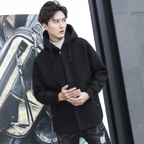 

woolen overcoat zipper style 2020 new style fashionable man woolen overcoat medium hooded youth wool 48-58, Black