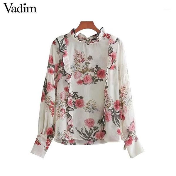 

vadim women sweet ruffles floral chiffon shirts bow tie long sleeve ruffled collar blouse ladies casual chic blusas lt23671, White