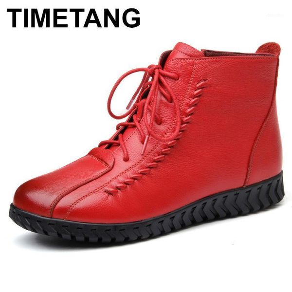 

boots timetang 2021 women snow soft genuine cow leather flat mar ankle mom winter keep warm shoes bottine femme1, Black