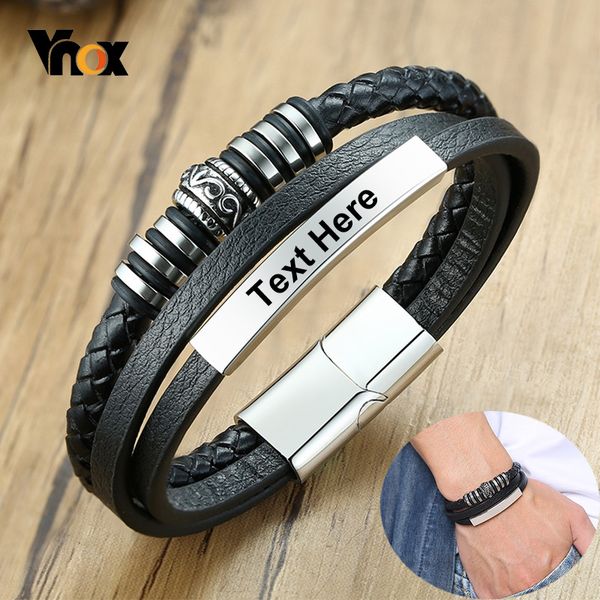 

vnox men's stylish black leather bracelets with custom engrave service stainless steel id tag bar accessories 200928, Golden;silver