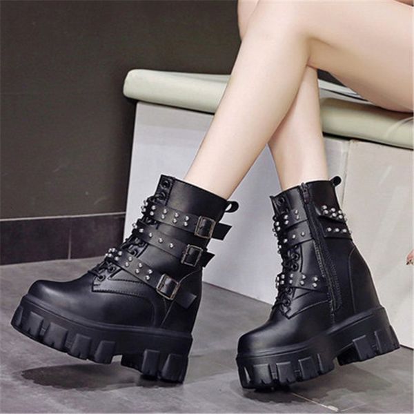 

new -autumn 2021 chunky women's punk metal buckle super high heels woman boots hidden shoe impressions 57r0, Black