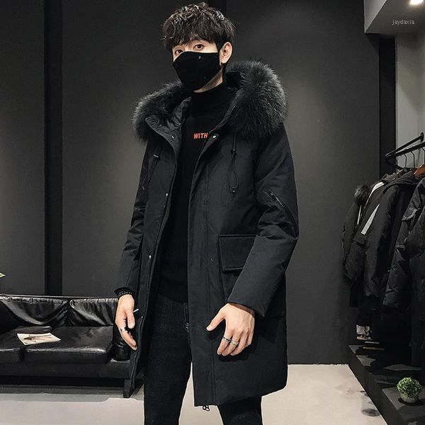 

winter new down jacket men's hooded thickened korean fashion big hair collar mid long men's white duck down coat fashion1, Black