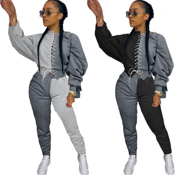 

long sleeve hoodies and casual pants autumn women 2pcs sets bandage patchwork womens two piece pants, White