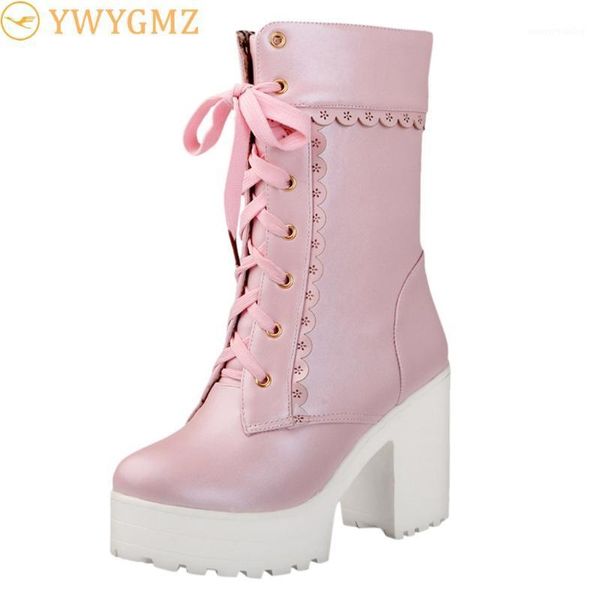 

pink leather lady platform boots women's lace tie square heel shoes sweet high heel leather motorcycle boots winter plus1, Black