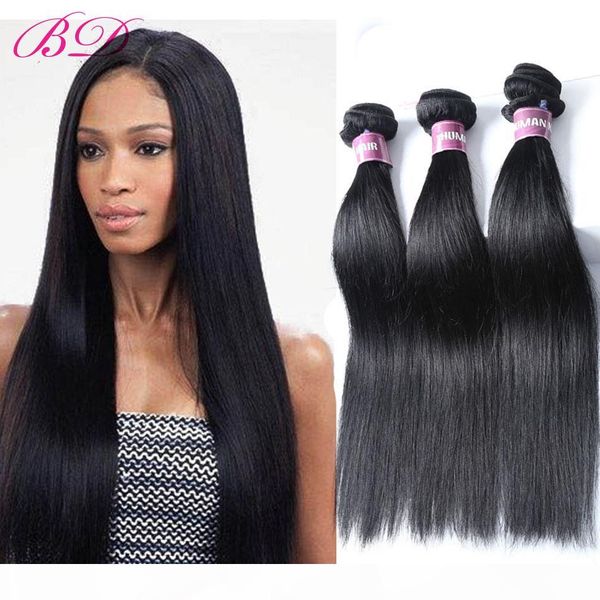 

bd new human hair virgin peruvian straight hair 3 4 bundles one set, Black;brown