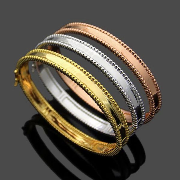 

new arrival fashion lady brass double rows beads lettering signature 18k gold plated engagement wedding bead edge bangle bracelets 3 color, Black