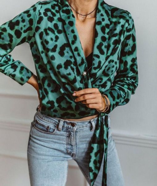 

women 2021 chic long sleeve red leopard print blouse notched neck belted shirt office lady party streetwear femininas elegant, White