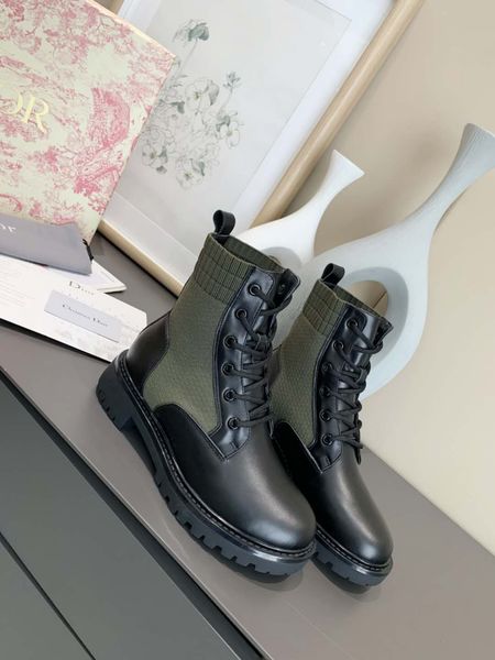 

designer womens boots luxury black green leather stitching knitted socks lace-up round head flat heel with box size 35-40