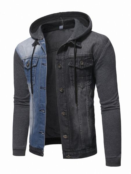 

men colorblock drawstring hooded denim jacket a6ya#, Blue