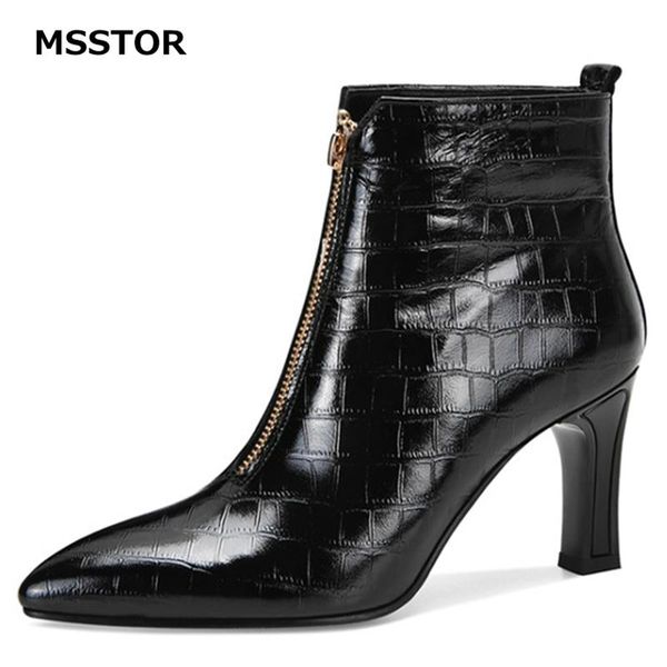 

zipper genuine leather winter shoes women concise fashion office party shoes for women heels pointed toe ankle boots for, Black