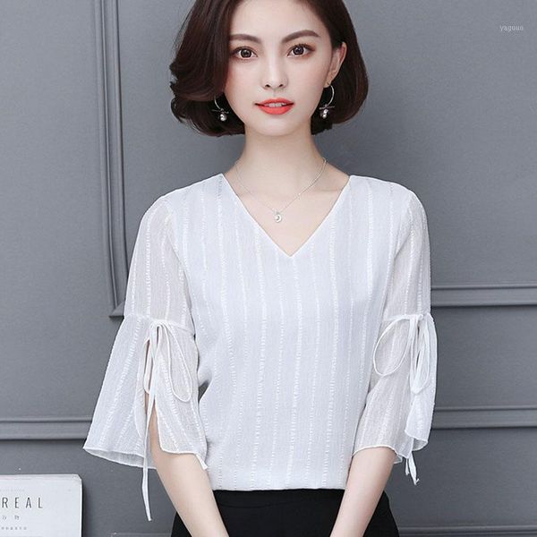 

women spring summer style chiffon blouses shirts lady casual short sleeve bow tie v-neck flare sleeve blusas df18281, White