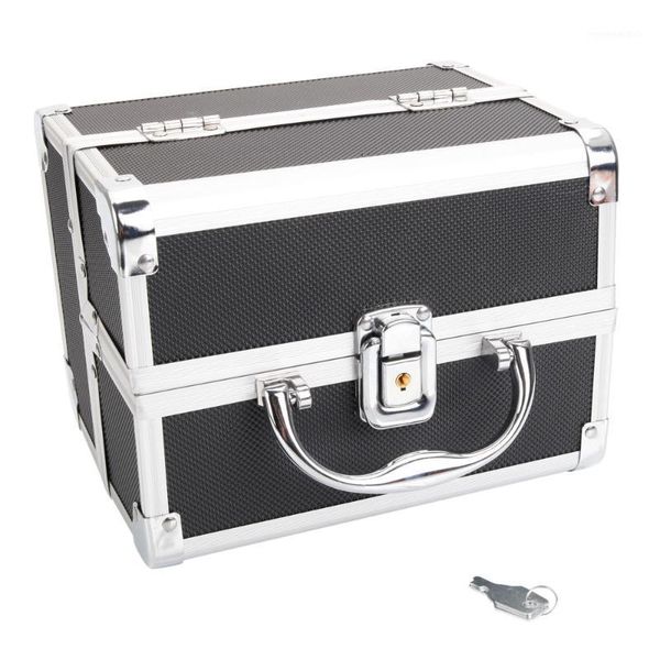 

storage bag with mirror & key black case silver diamond pattern aluminum makeup1