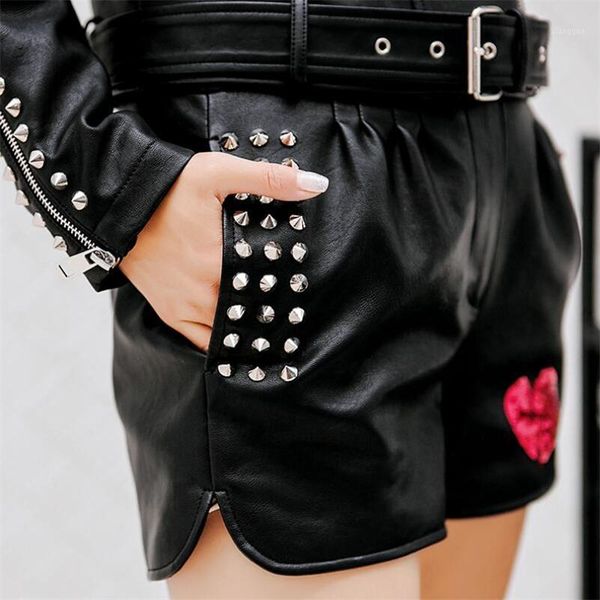

s-xxl female fashion casual sequin heart shorts band short pants spring autumn rivet pocket design locomotive pu leather shorts1, White;black