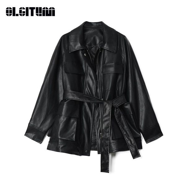 

2020 women autumn new leather jacket motorcycle cool long retro loose black pu leather for female, Black;brown