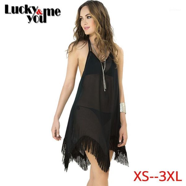 

cover-ups arrive 2021 womens summer black chiffon halter backless beach wear asymmetric dresses girls sling bikini cover ups1