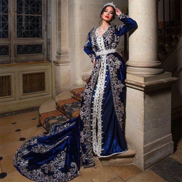 

vintage blue moroccan kaftan formal evening dresses 2021 eleagnt long sleeves appliques lace arabic dubai women prom party gowns court train, Black;red