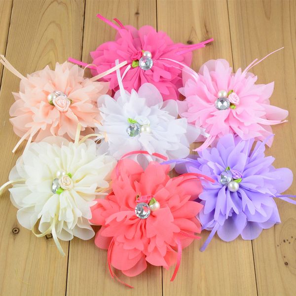 

20pcs/lot  color u pick 4.4 inch large chiffon fabric flower with pearl rhinestone centered girls hair accessories th213 lj201226, Slivery;white