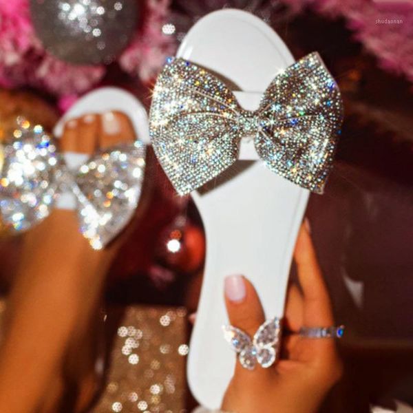 

slippers rhinestone bow slides summer shoes women glitter jelly diamond women's flip flop flat sandals 20211, Black